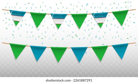 Vector illustration of the country flag of Uzbekistan with confetti on transparent background (PNG). hanging triangular flag for Independence Day celebration.