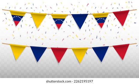 Ilustración vectorial de la bandera del país de Venezuela con confetti sobre fondo transparente (PNG). colgando la bandera triangular para la celebración del Día de la Independencia.