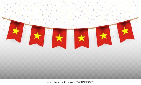 Vector illustration of the country flag of Vietnamese with confetti on transparent background (PNG). hanging flag for Independence Day celebration.
