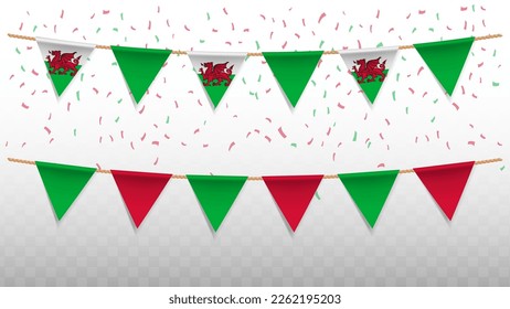 Vector illustration of the country flag of Wales with confetti on transparent background (PNG). hanging triangular flag for Independence Day celebration.