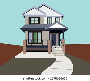 vector illustration of a country gray two- story house with a path
