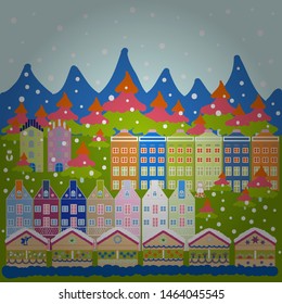 Vector illustration. Of a country house in a flat style. Elementson a blue, neutral and green colors background.