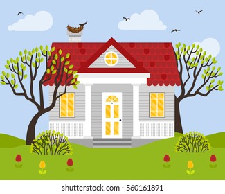 Vector illustration with country house in flat style. Spring season background.