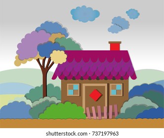 Vector illustration with country house in flat style. Colorful background.