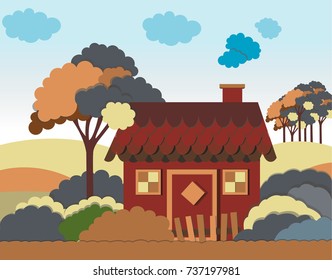 Vector illustration with country house in flat style.Autumn season background