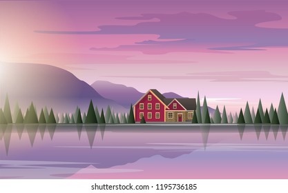 Vector illustration of a country house. Vector gradient landscape.