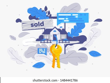 Vector Illustration Of A Country House, Sign Sold, House Keys, Home Sale Template