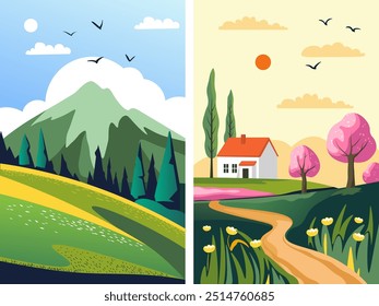 Vector illustration of a country house surrounded by green fields and blooming trees, under a sunny sky. Ideal for spring or nature-themed backgrounds.