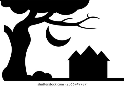 Vector illustration of a country house under a tree and a crescent moon in black and white
Ideal for nature themed backgrounds.