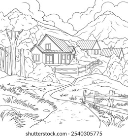 Vector illustration, country houses in the mountains, coloring book.