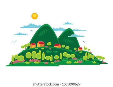Vector illustration of country landscape with mountains, trees, shrubbery, grass, cottages. Nature environment. Cartoon style.