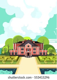 vector illustration  country mansion with a garden around it landscaped, garden maze, trees and bushes in the sky