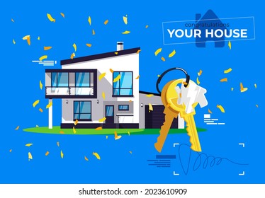 ilustración vectorial de una casa rural moderna con llaves de casa, golden confetti felicitaciones por la compra de su casa