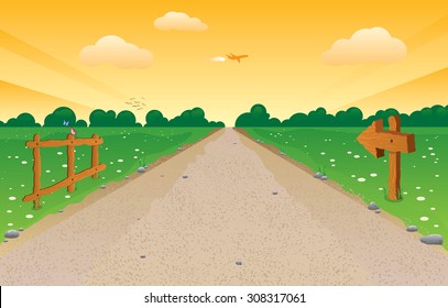 Vector illustration of a country road in a perspective at sunset. Many details included, road sign, butterflyes, rocks, wooden fence, flowers, airplane and forest at the distance...