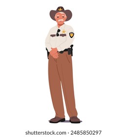 Vector Illustration Of A Country Sheriff In Uniform. Cartoon Character Features A Traditional Law Enforcement Appearance With A Badge, Cowboy Hat, And Holster. Portrays Authority And Protection