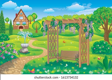 Vector illustration of a country summer landscape with a wooden gazebo covered with Wisteria, a fountain, a path and a house