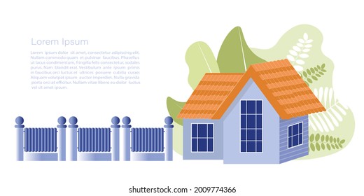Vector illustration of a country or vacation house with a fence. Vector Template with copy space for invitation, cards or banner and  poster, Landing Page 