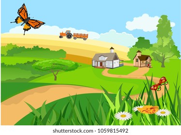 Vector illustration of countryside among the green hills  single houses in pretty landscape, tractor on fields, butterfies flying