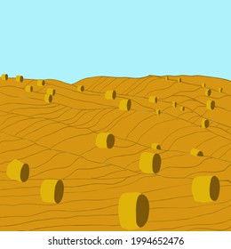 Vector illustration of countryside in August yellow haystack and blue sky. Rural landscape with hay bales on agriculture farm field. Farmland with round wheat straw rolls, yellow haystacks and barns