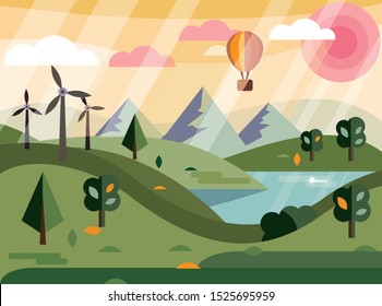 Vector illustration of countryside, fields landscape. Autumn scenery with green hills and blue sky. 