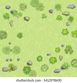 Vector illustration. Countryside with forest. Top view. Trees, bushes, stones, grass. View from above.