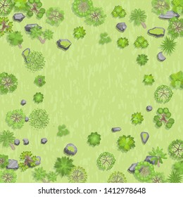 Vector illustration. Countryside with forest. Top view. Trees, bushes, stones, grass. View from above.