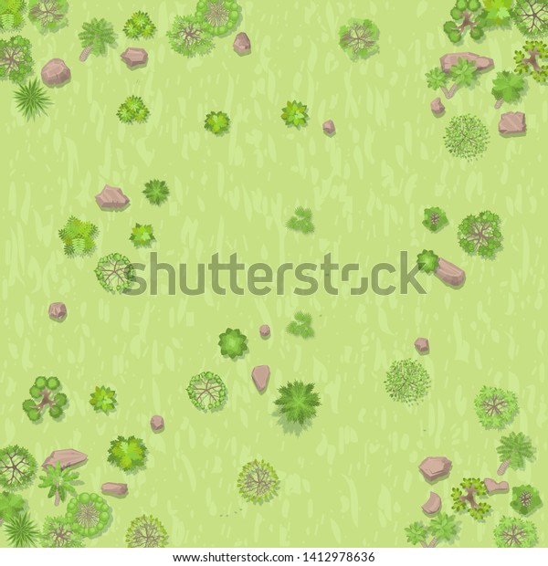 ベクターイラスト 森を持つ田舎側 平面図 木 茂み 石 草 上から見る のベクター画像素材 ロイヤリティフリー