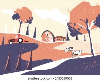 Vector illustration of Countryside landscape in autumn,banner of farm house.The yellow foliage mountain,hill with falling leaves,barn and cow. Concept of organic cattle farm in autumn. in retro color.