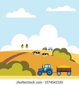 Vector illustration of Countryside landscape in autumn,banner of farm.The yellow foliage mountain,hill and cow. Concept of organic cattle farm in autumn. in bright color.