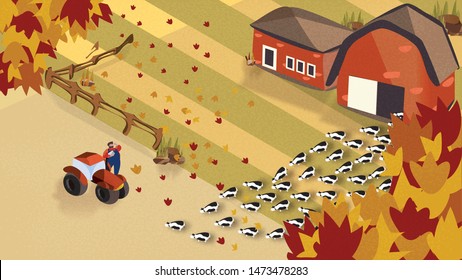 Vector illustration of Countryside landscape in autumn,Top view landscape of farm house with falling leaves,farmer,barn and cow.Concept of organic cattle farm in autumn. 