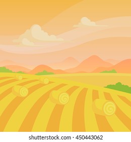 Vector Illustration of a Countryside Landscape with Fields and Hay