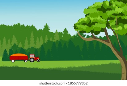 Ilustración vectorial del paisaje rural, tractor en bosques y montañas, vector.