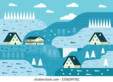 Vector illustration of countryside mountain.  Hill landscape with waterfall, house, pines and bushes. Scenery with blue color and like night.  It is usable for postcard, book cover and background.