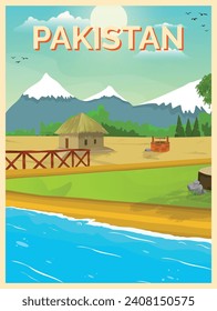 Vector illustration of countryside pakistan village cartoon background poster, card, template of green meadows and surrounded by trees and mountains