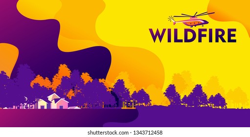 vector illustration countryside, small town village, helicopter extinguishes fire flying over the forest, abstract banner