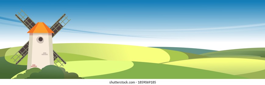 vector illustration countryside windmill among trees, park for recreation benches, street cafe