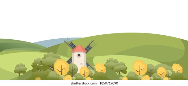 vector illustration countryside windmill among trees, park for recreation benches, street cafe