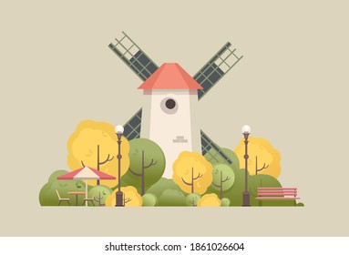 vector illustration countryside windmill among trees, park for recreation benches, street cafe