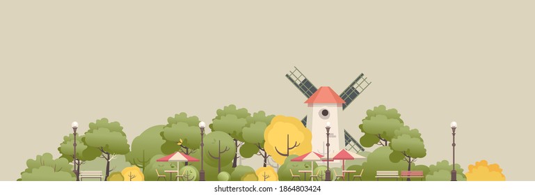 ilustración vectorial campiña molino de viento entre árboles, parque para bancos de recreación, café callejero