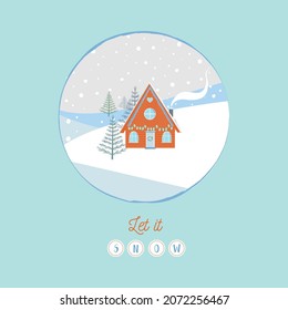 Vector illustration of countryside winter landscape. Fabulous forest house, snowdrifts and firs. Good for greeting cards and textile prints.
