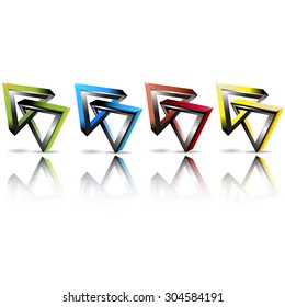 a vector illustration of couple of 3-D triangles chained to each other, with shadow and a reflection. In four color variations