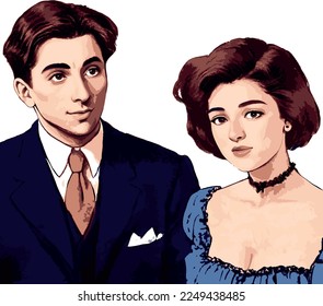 vector illustration of a couple from the 70s 80s vintage formally dressed