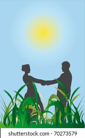 Vector illustration of couple against sky and grass