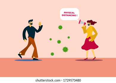 Vector Illustration of a couple againts corona virus with social distancing, girl shout social distancing with megaphone, to keep away from virus COVID-19 spreading outbreak