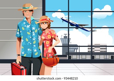 A vector illustration of a couple at the airport getting ready for summer traveling