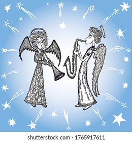 Vector illustration of couple angels  playing trumpets in starry sky
