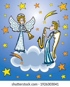 Ilustración vectorial con un par de ángeles tocando trompetas en cielo estrellado
