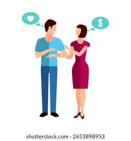 Ilustração vetorial de casal discutindo sobre problemas financeiros e questões de dinheiro juntos.