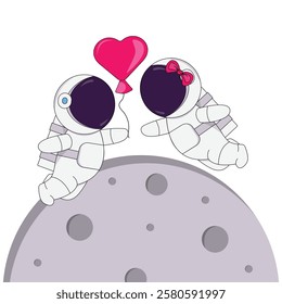 Vector illustration of a couple of astronauts in love with a heart-shaped balloon on the background of the moon on a white background.