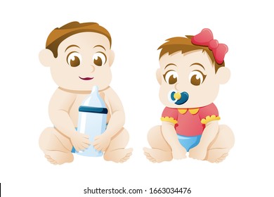 Vector illustration of Couple baby boy and girl. Baby girl and boy sitting on white background, Little baby boy, girl in diaper or pajamas hold. Vector flat illustration